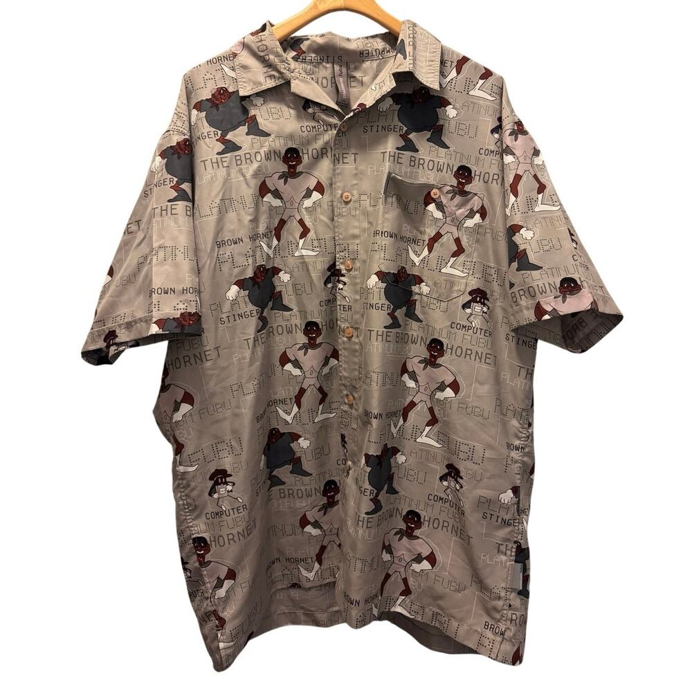 Platinum Fubu Men's Beige Fat Albert The Brown Hornet All Over Print Shirt 2XL